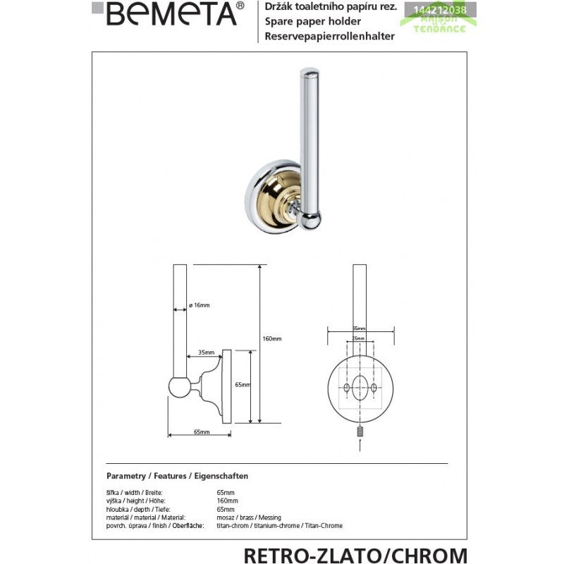 Portarotolo di ricambio RETRO in ottone cromo-oro 6,5x17x6,5 cm