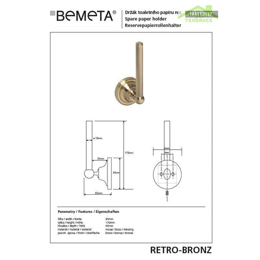 Portarotolo di ricambio RETRO in ottone 6,5x17x6,5 cm