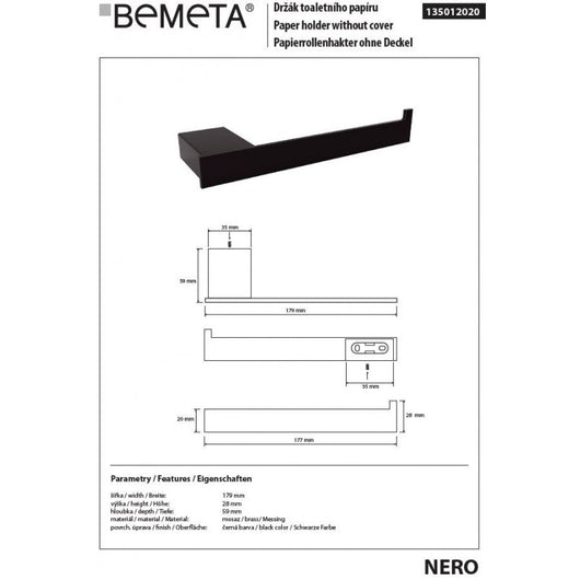 NERO Dispenser di carta igienica a parete di ricambio 17,9 x2,8 x5,9 cm