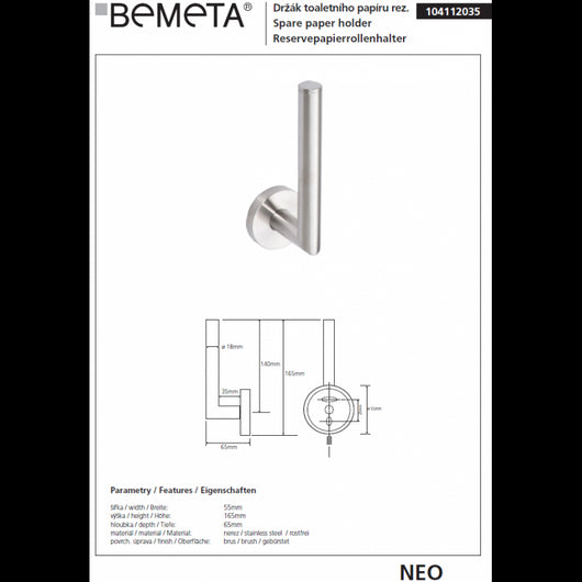 Portarotolo di ricambio NEO in acciaio 16,5x6,5x5,5cm