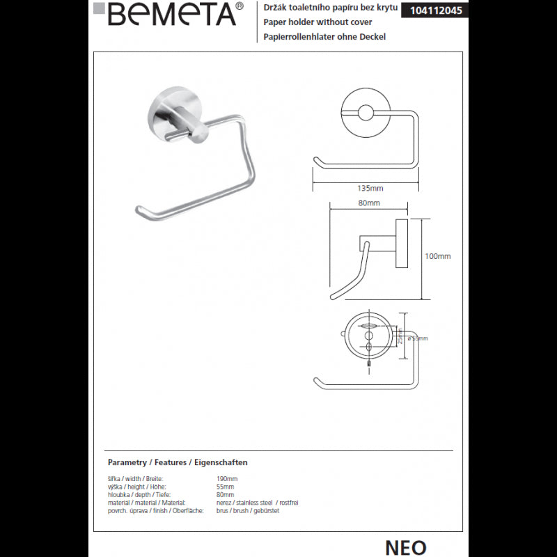 Dispenser carta igienica NEO senza coperchio in acciaio 10x9x13,5cm