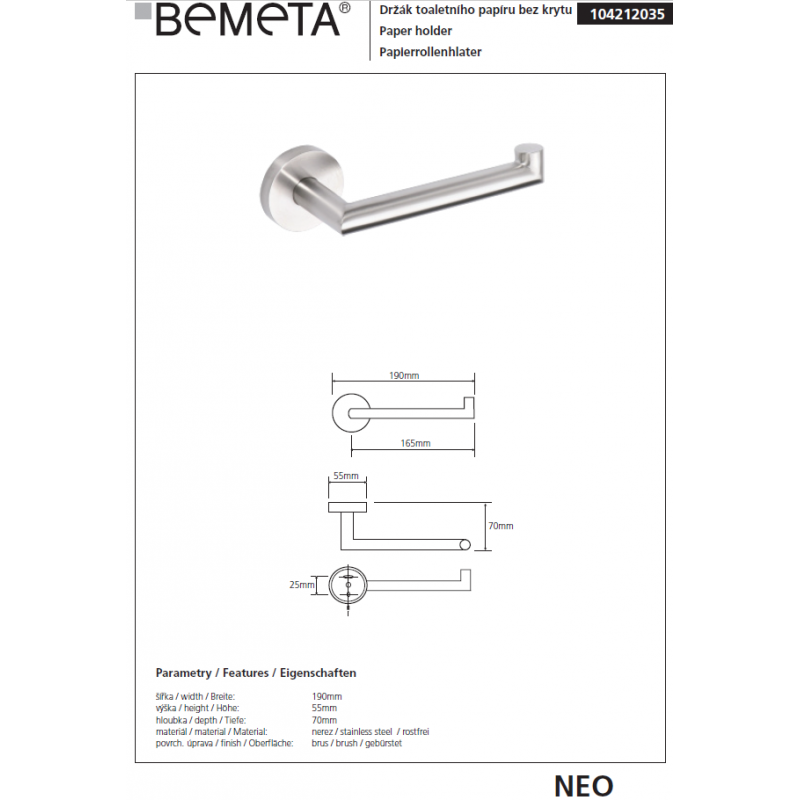 Distributore di carta igienica in acciaio NEO senza coperchio 18x7x5,5cm