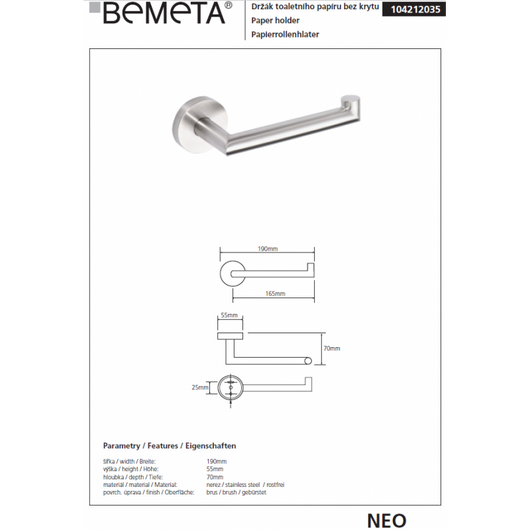Distributore di carta igienica in acciaio NEO senza coperchio 18x7x5,5cm