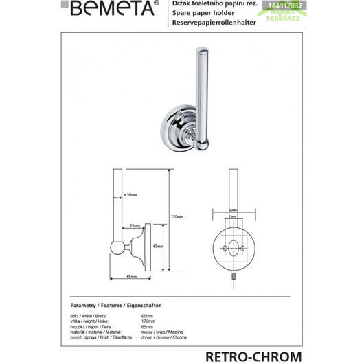 Porta ricarica carta igienica RETRO in ottone cromato 6,5x17x6,5 cm