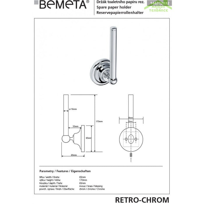 Porta ricarica carta igienica RETRO in ottone cromato 6,5x17x6,5 cm