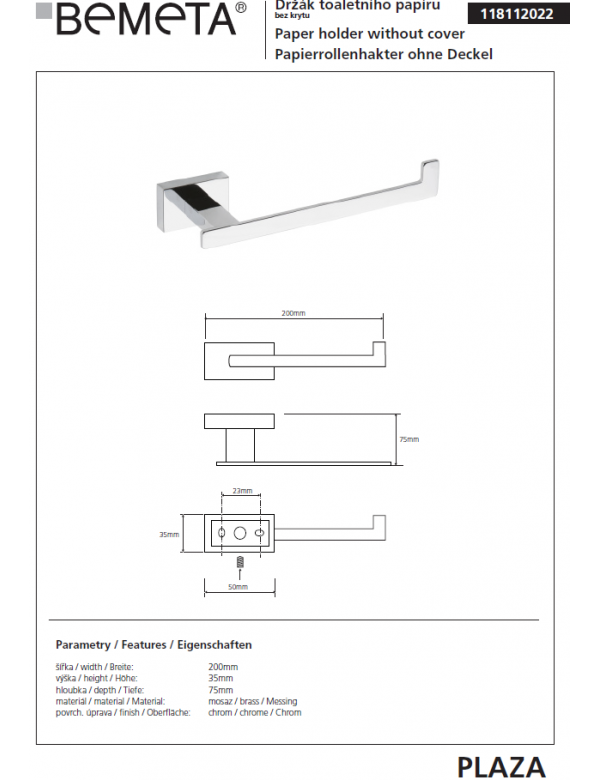 Distributore di carta igienica PLAZA senza coperchio 6x20x3,5 cm