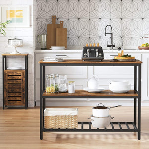 Carrello da cucina in stile industriale, collezione TAMPA, con struttura in metallo nero e piano in legno.