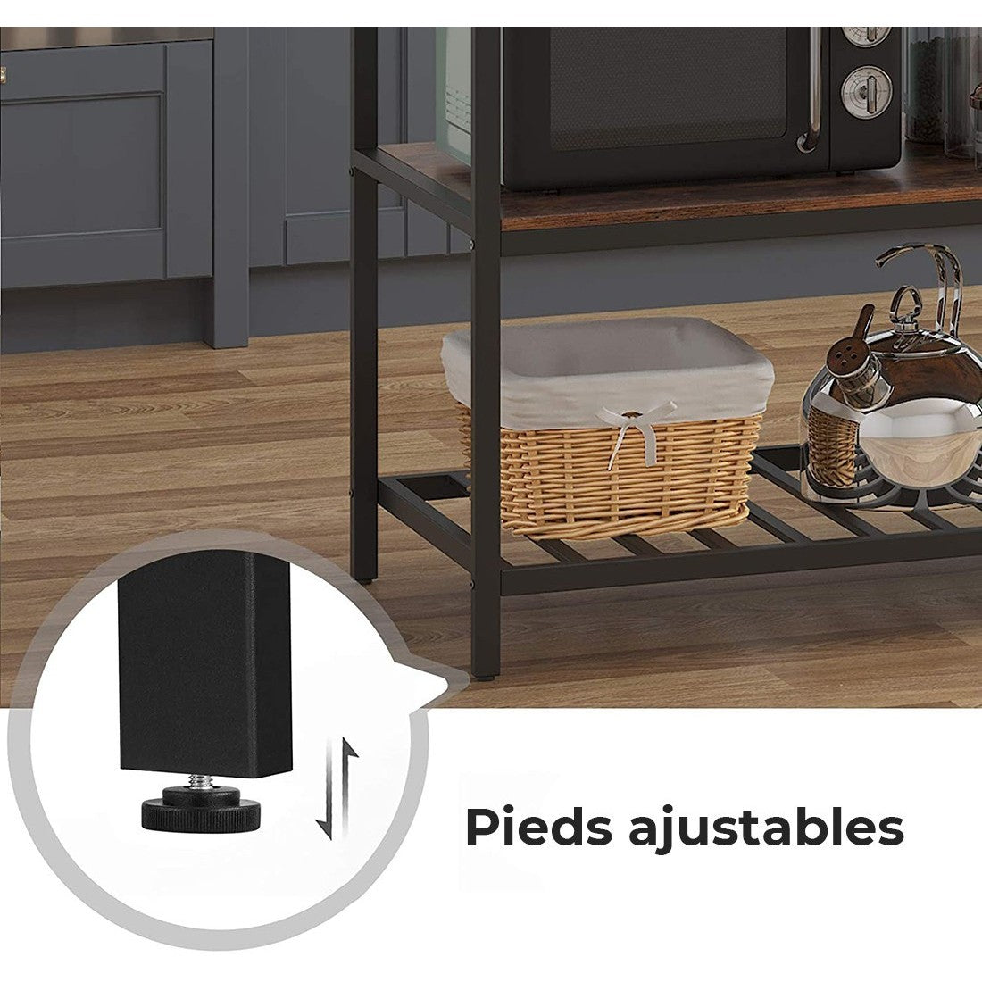 Carrello da cucina in stile industriale, collezione TAMPA, con struttura in metallo nero e piano in legno.