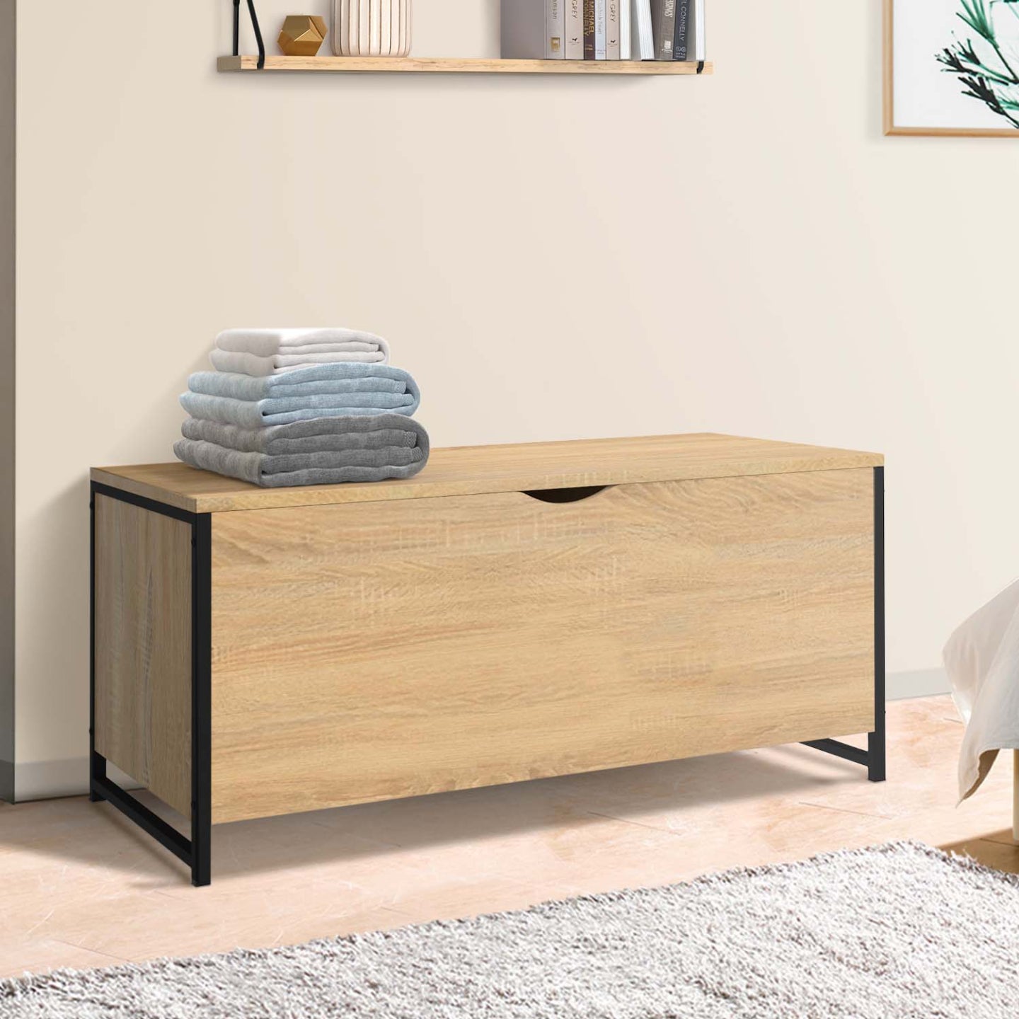 IDMarket - DETROIT baúl 100 cm madera y negro diseño industrial