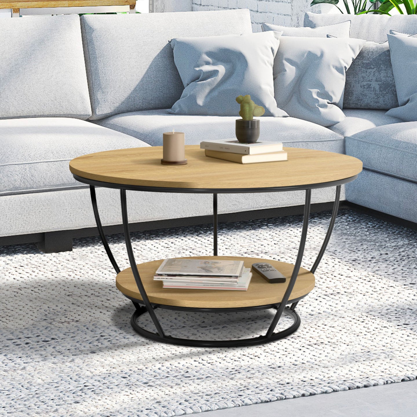IDMarket - DETROIT Mesa de centro redonda de 70 cm con doble tablero de alambre