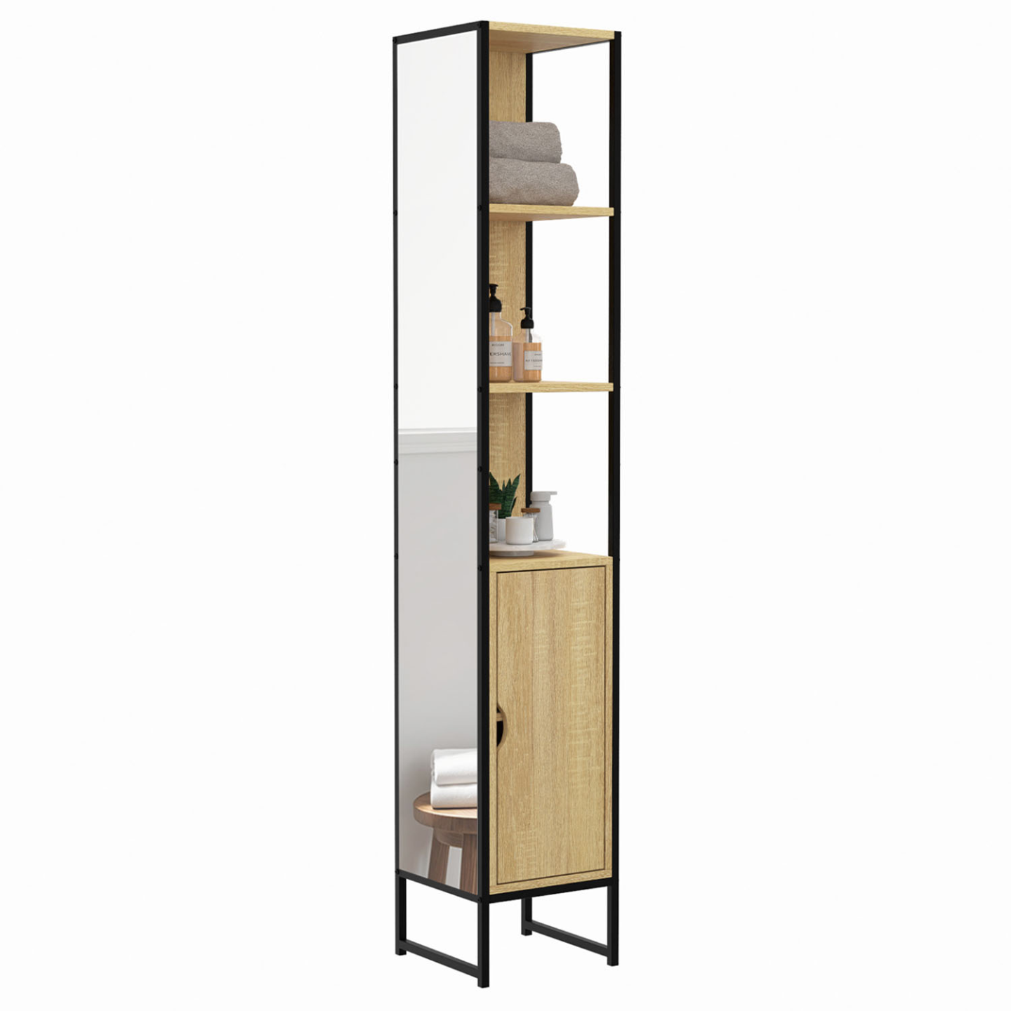IDMarket - DETROIT Mueble de baño de 1 puerta con espejo y estantes de diseño industrial