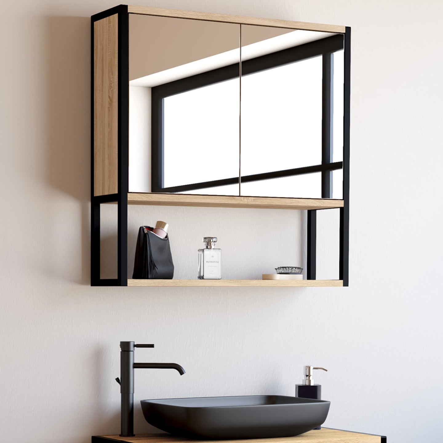 IDMarket - DETROIT pensile da bagno con specchio, design industriale