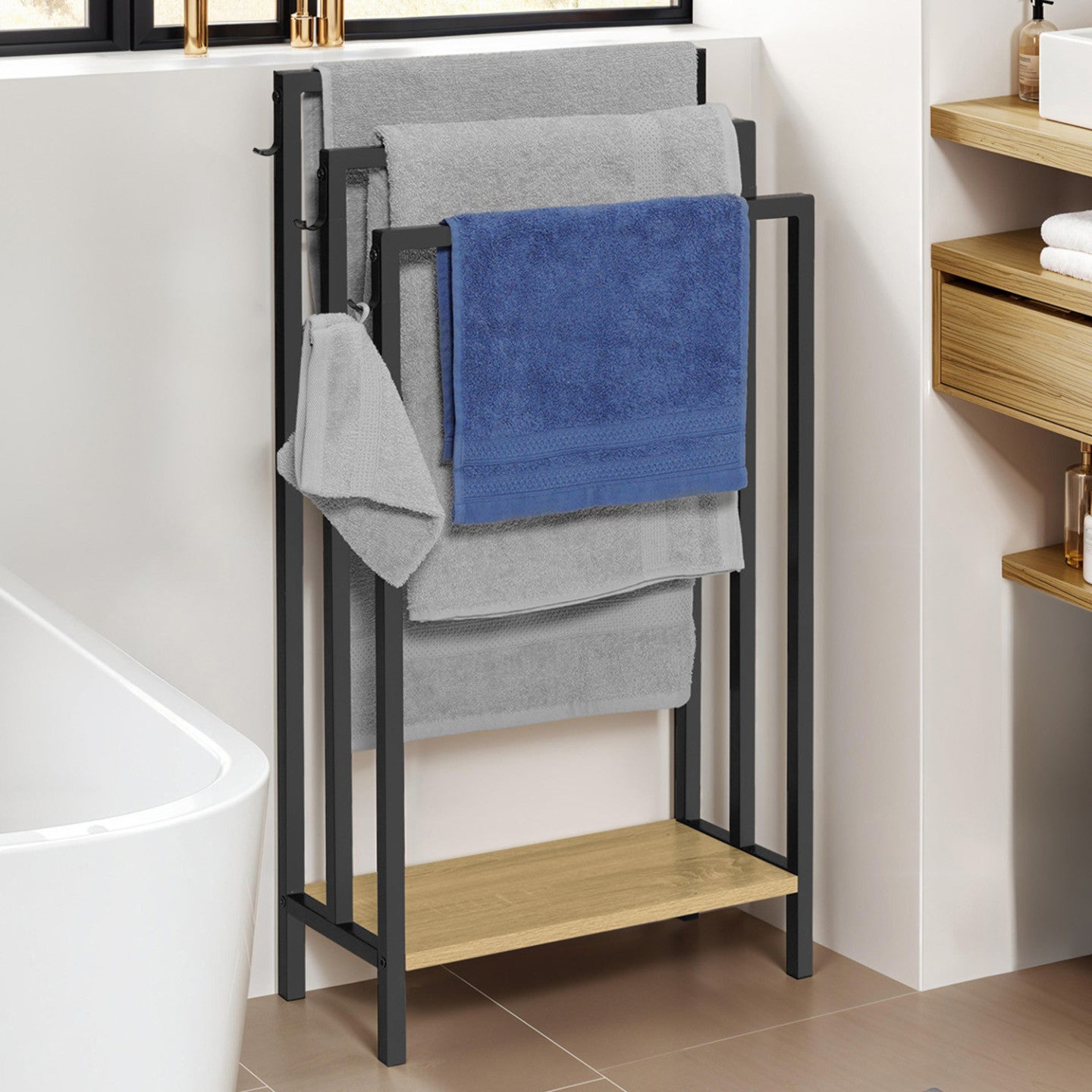 IDMarket - DETROIT Portasciugamani a pavimento a 3 livelli con ripiano dal design industriale