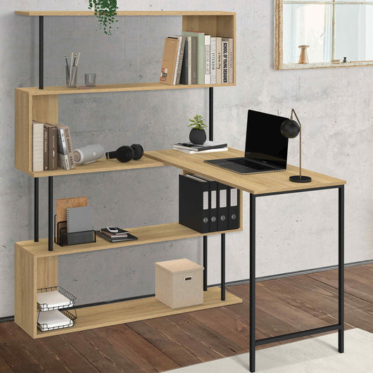 IDMarket - DETROIT Scrivania angolare con libreria girevole a 180°, forma a S, design industriale