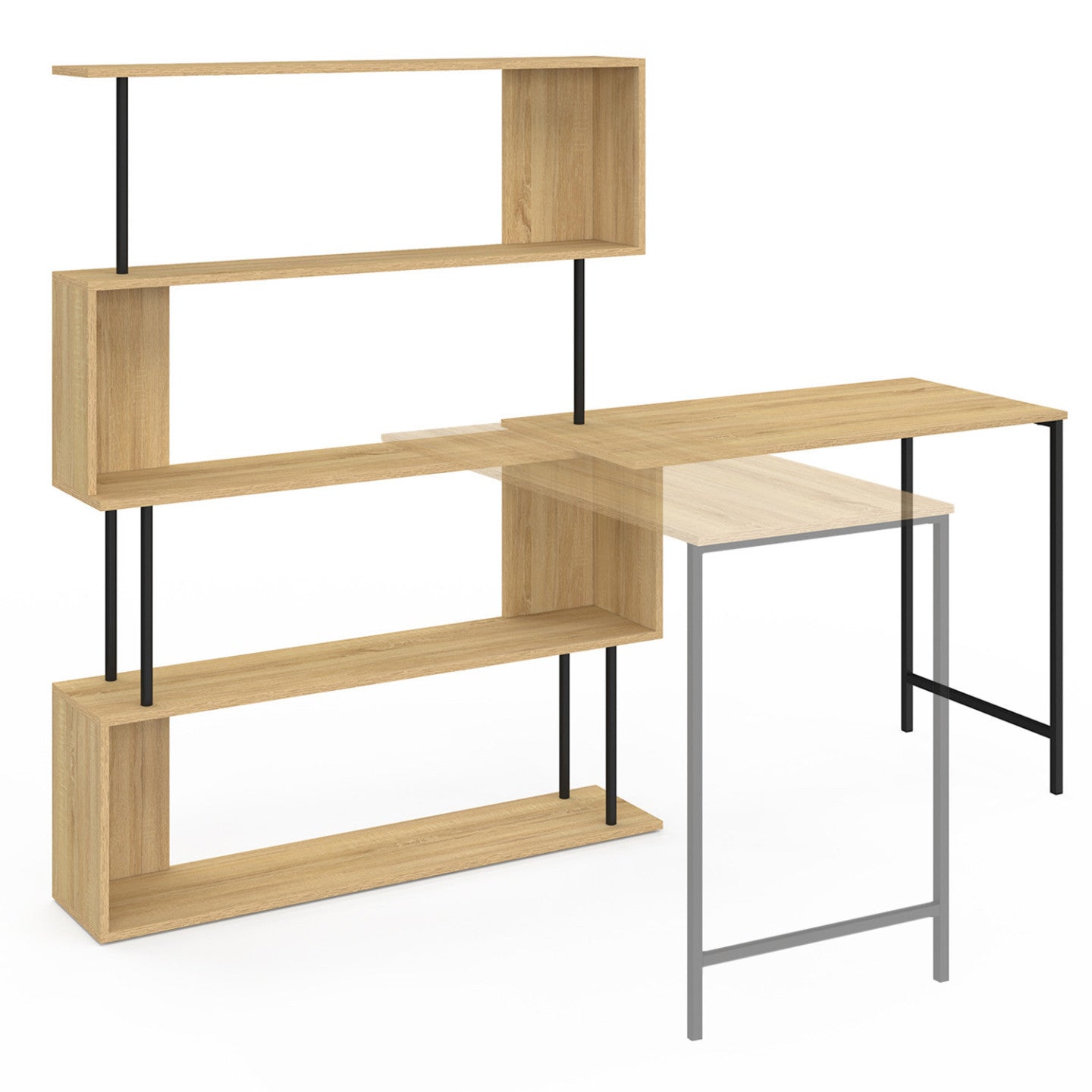 IDMarket - DETROIT Scrivania angolare con libreria girevole a 180°, forma a S, design industriale