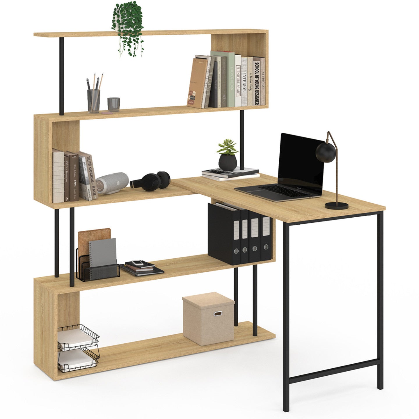 IDMarket - DETROIT Scrivania angolare con libreria girevole a 180°, forma a S, design industriale