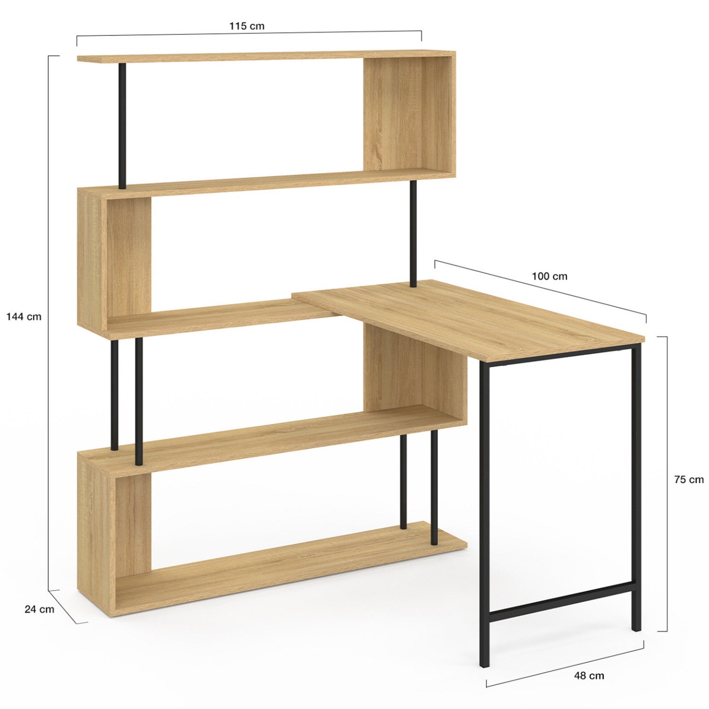 IDMarket - DETROIT Scrivania angolare con libreria girevole a 180°, forma a S, design industriale