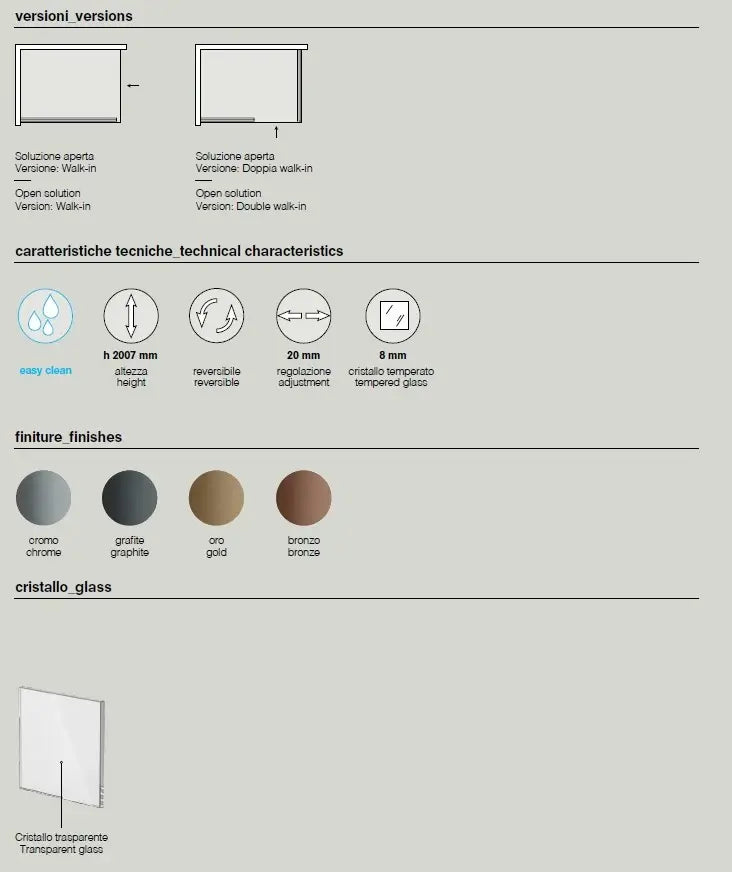Parete Doccia Walk In H200 Anticalcare 8mm Trasparente Profili Grafite - 160 cm