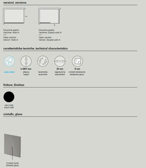 Parete Doccia Walk In H200 Anticalcare 8mm Fumè Profili Nero Opaco - 110 cm