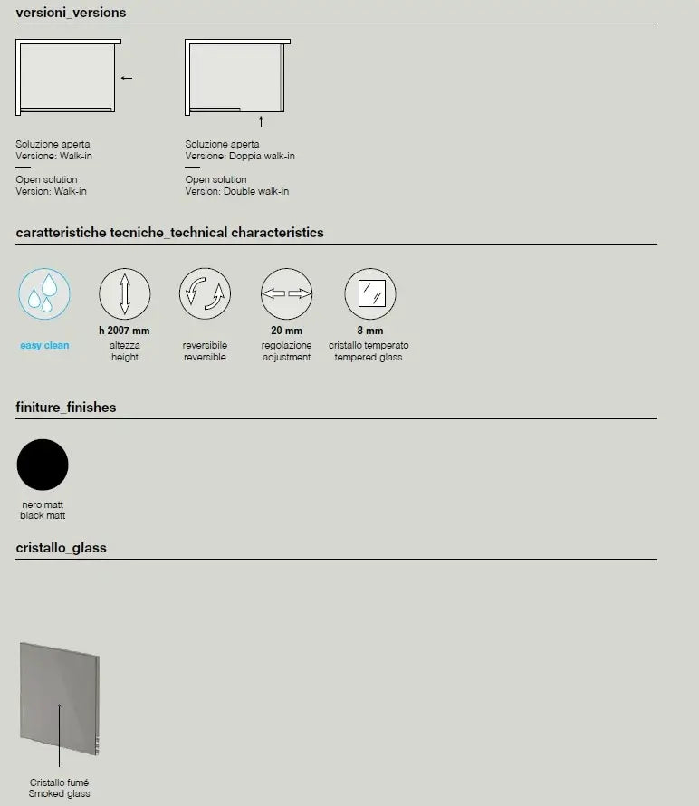Parete Doccia Walk In H200 Anticalcare 8mm Fumè Profili Nero Opaco - 130 cm