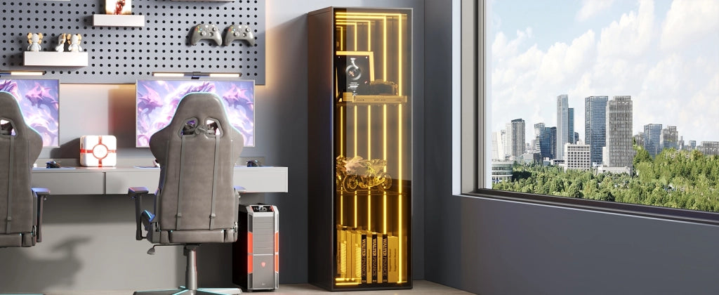 Vetrina con LED e 3 vani aperti, ripiani regolabili e ante in vetro temperato, per soggiorno, nero, 30 × 30 × 90 cm