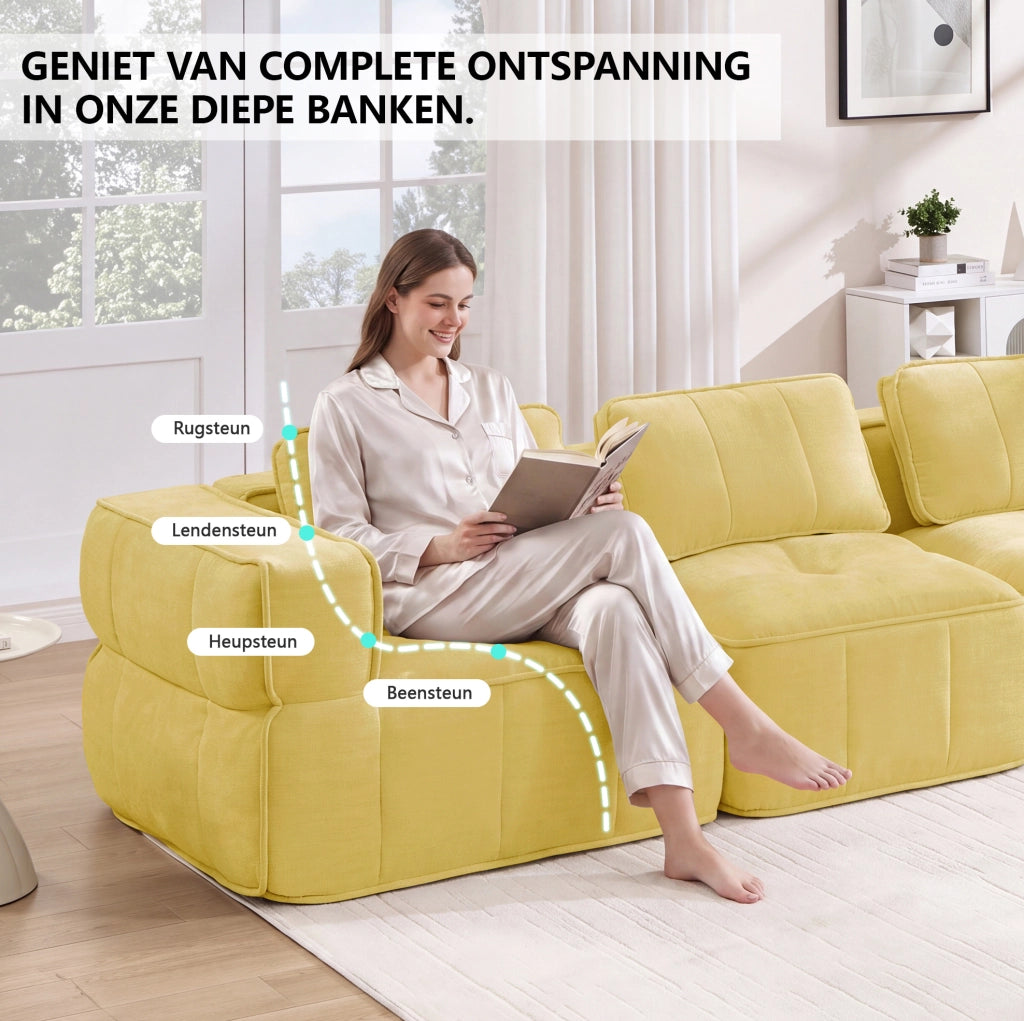 Divano modulare ULEVR 344x162 cm con pouf, seduta profonda e braccioli ampi, giallo