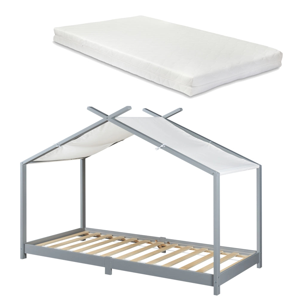 Letto Brome per Cameretta a Forma di Casetta e Materasso 90x200 cm Legno di Pino - Grigio [en.casa]