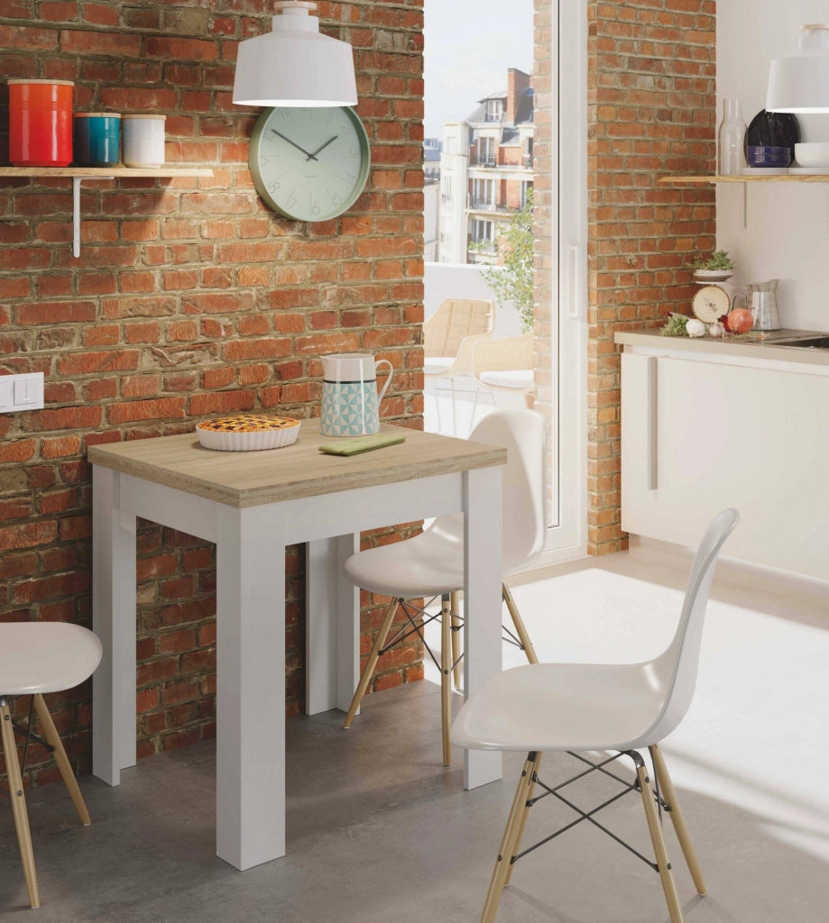 Tavolo allungabile Aratro, Tavolo da pranzo pieghevole apertura a libro, Tavolo ausiliario richiudibile, cm 67x67/135h79, Bianco e Rovere