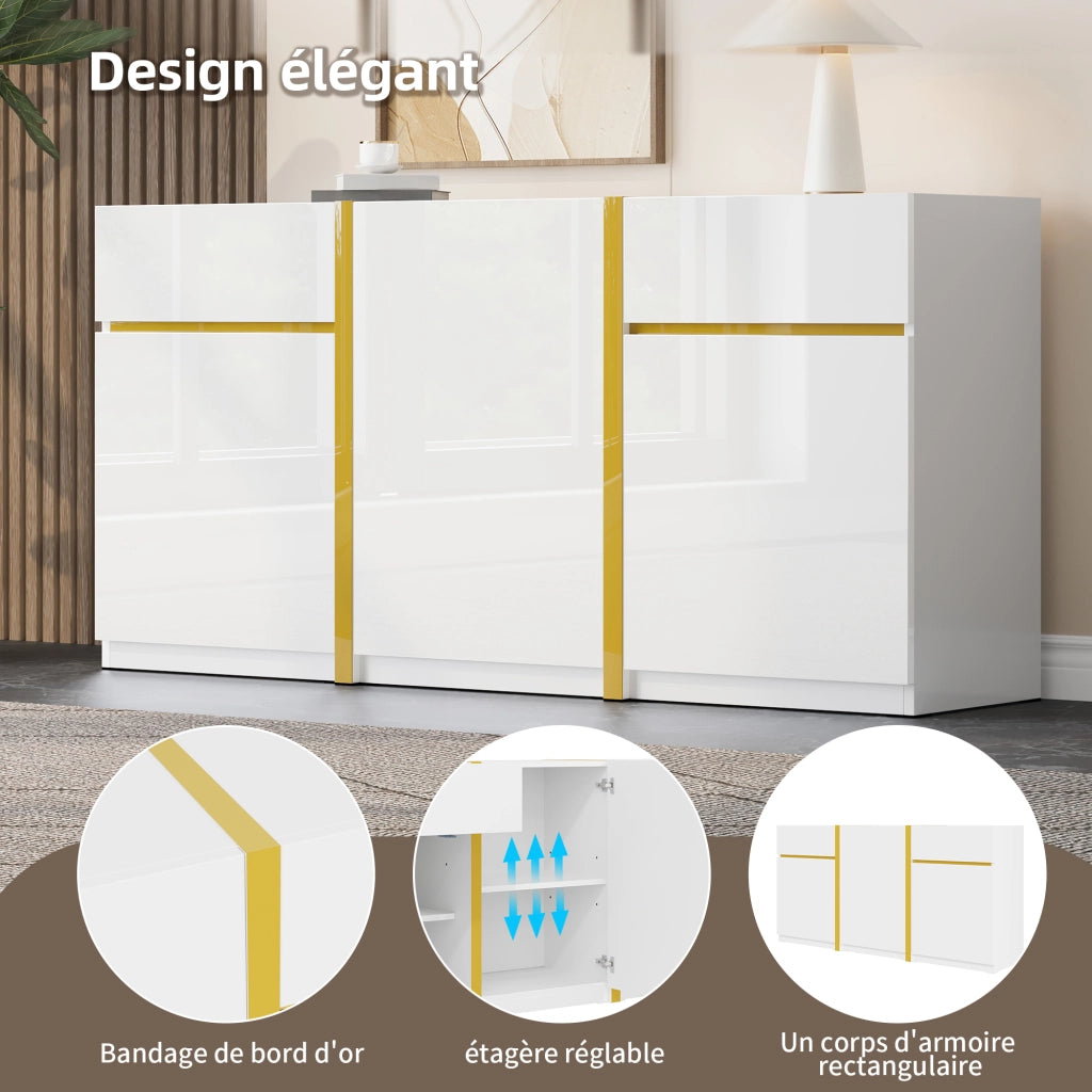Credenza con 3 ante e 2 cassetti; ripiani regolabili - per soggiorno - 160×40×78 cm - bianco