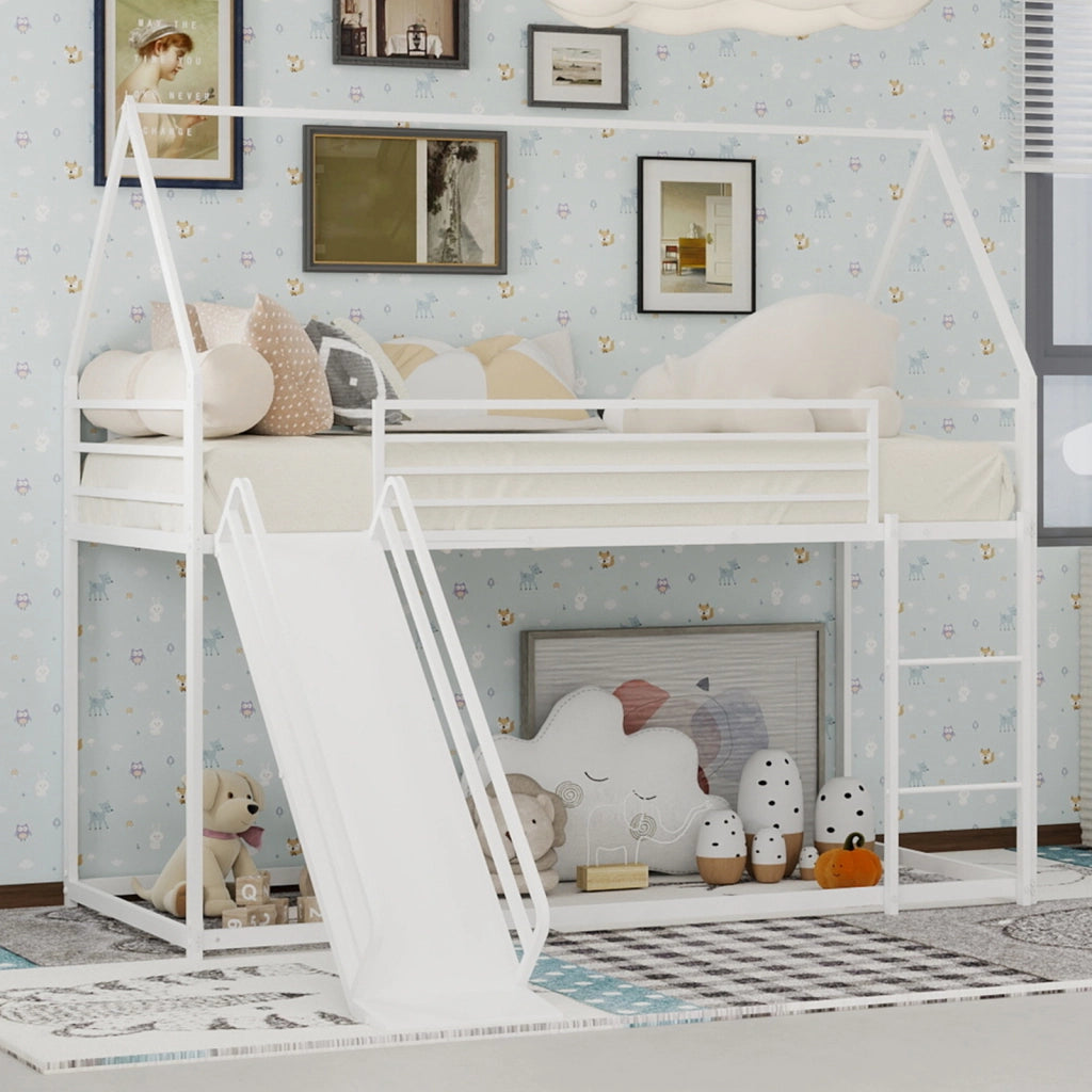 Letto a Castello 90x190 cm; 2 Posti; con Scivolo e Scale - in Ferro - Bianco