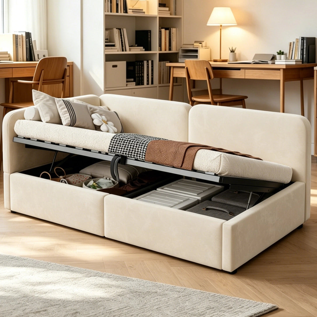 Letto divano imbottito 90x200 in tessuto beige con vano contenitore