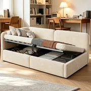 Letto divano imbottito 90x200 in tessuto beige con vano contenitore