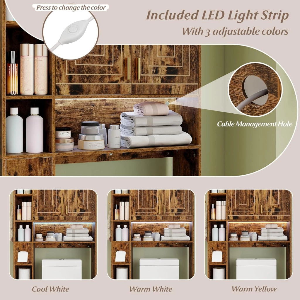 Mobile su WC con striscia luminosa, armadio da bagno con porte, ripiani aperti, supporto per carta igienica e gancio laterale, 80 x 20 x 171 cm, scaffale di stoccaggio (Marrone)
