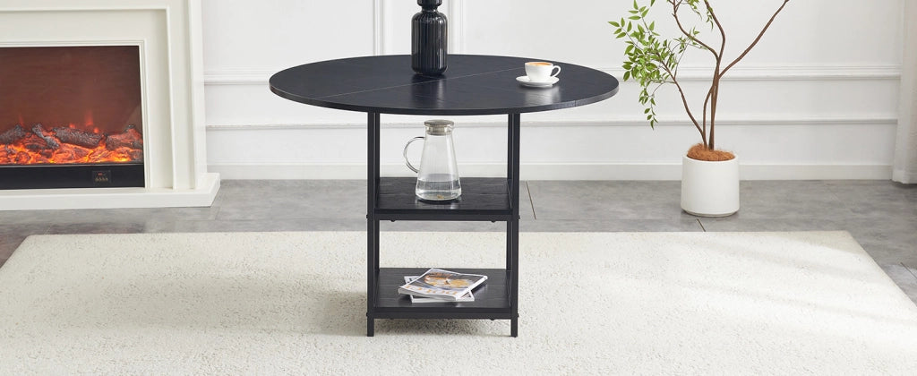 Tavolo da pranzo rotondo per 2-4 persone con doppio ripiano aperto, in MDF e metallo, nero, diametro 107 cm