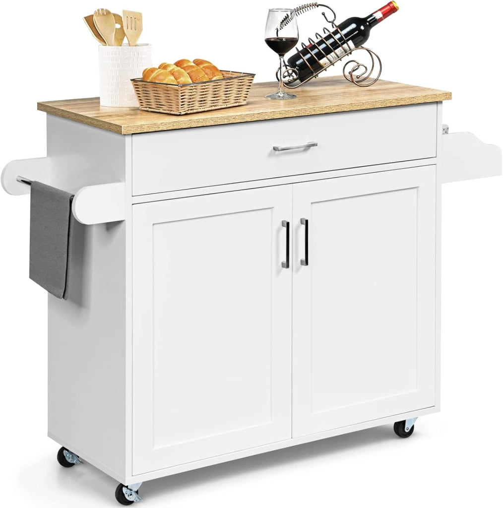 Carrello da Cucina, Credenza Mobile con Cassetto, Anta Doppia, Portaspezie e Portasciugamano, Ripiani Regolabili, Ruote con Freni, Portata di 50 kg, 116x40x85 cm, 4 Colori (bianco)