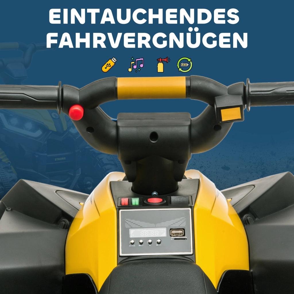 Quad elettrico per bambini con fari a LED, ammortizzatori e sedile ergonomico, giallo e nero