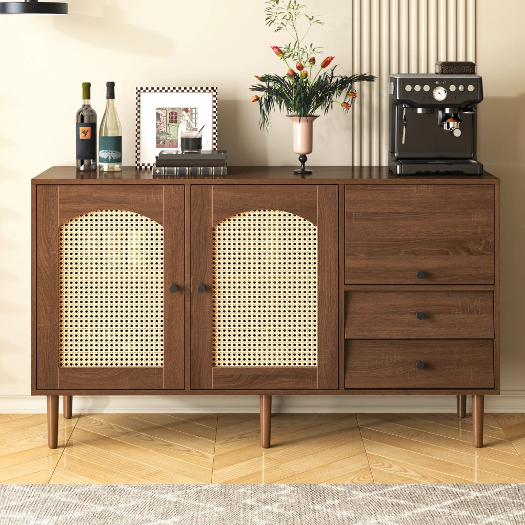 Credenza e Madia con 2 Ante in Rattan; Ripiani Regolabili; Stile Country; in Pannelli di Particelle; Legno; 130×40×75;5 cm