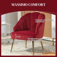 Poltrona in Velluto a Conchiglia Stile Art Deco per Camera e Soggiorno, Acciaio, 63x65x84 cm, Rosso
