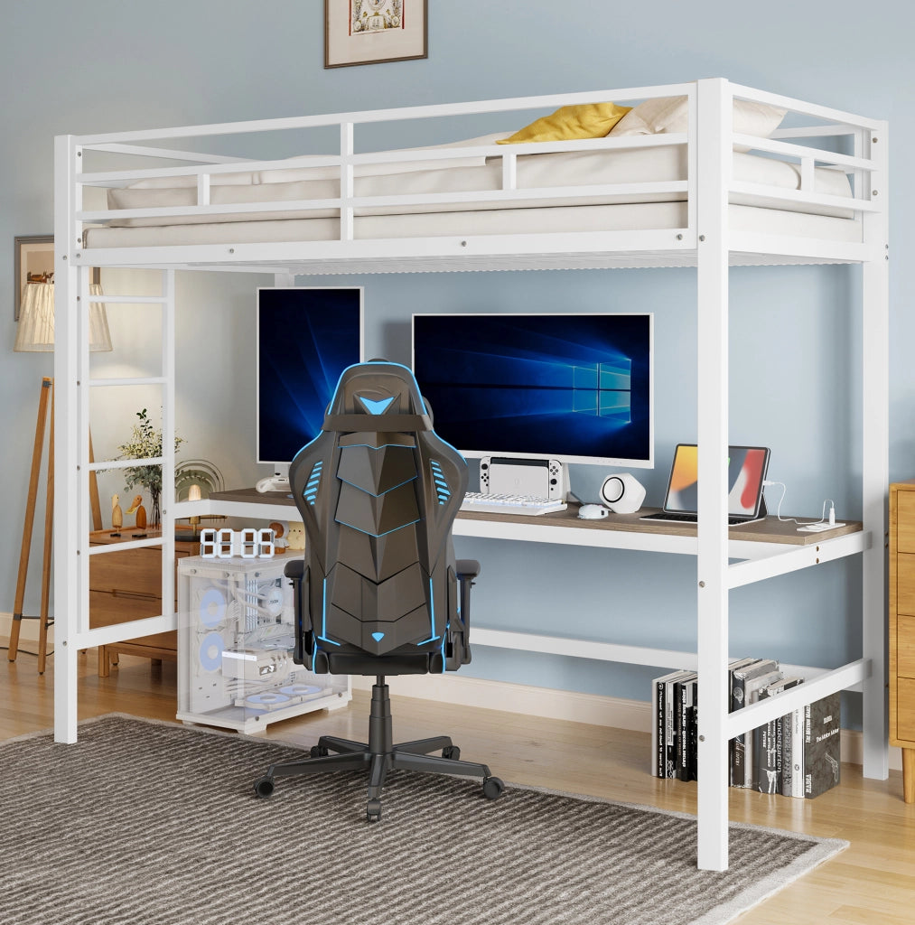 Letto a soppalco per bambini 90x200 cm con scrivania; LED; prese USB e Type-C; bianco