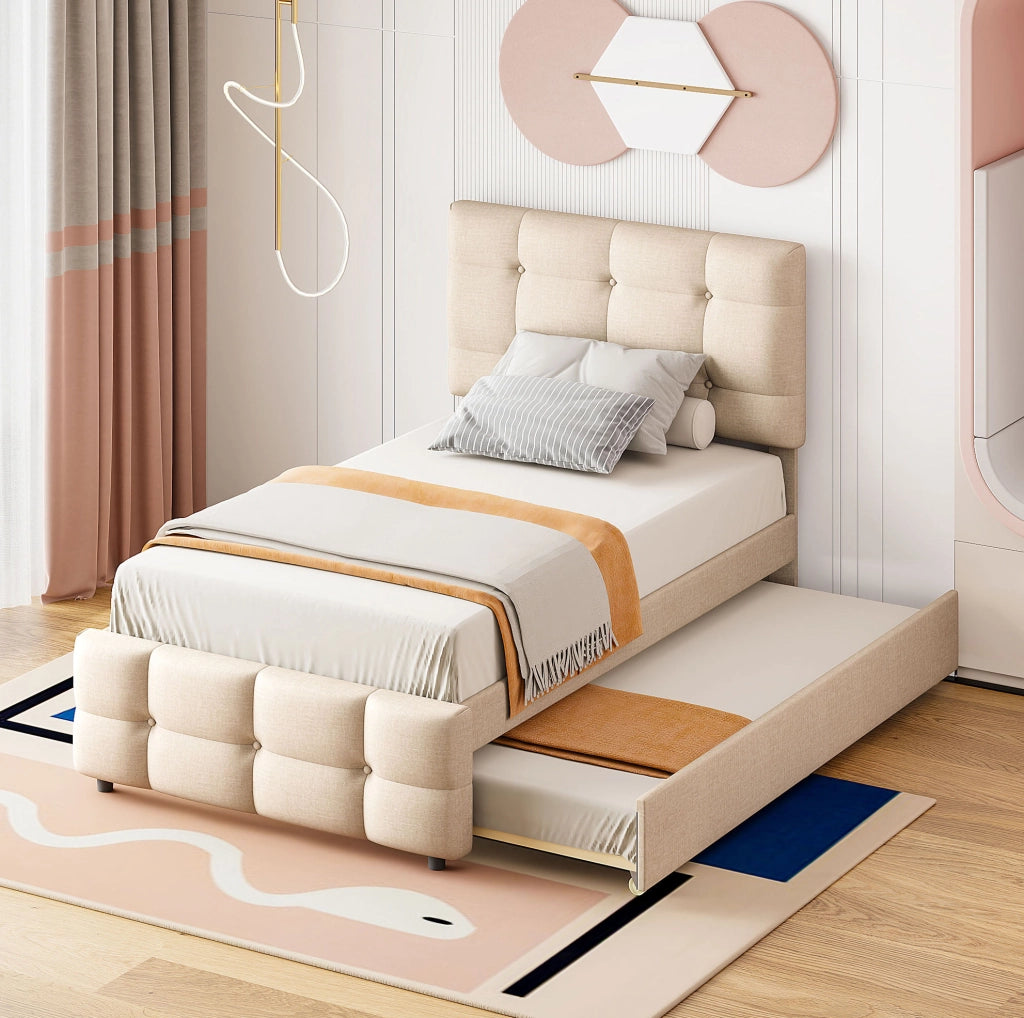Letto imbottito 90x200 cm con letto estraibile 190x90 cm; testiera regolabile; lino beige