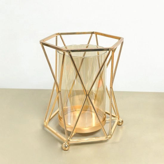 Vaso idroponico in metallo – Piccolo, oro lucido, vasca di vetro geometrica per piante – Pianta decorativa per la decorazione di casa e verde – 11 x 11 x 18 cm