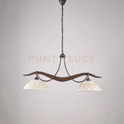 Lampadario in ferro laccato nero con decorazione effetto ruggine e diffusori in vetro diametro 30 bianchi e ambra 2 luci