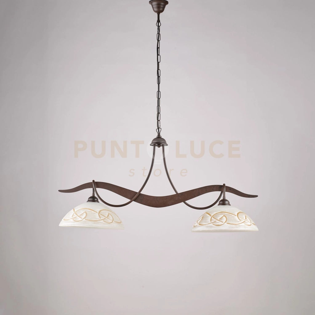 Lampadario in ferro laccato nero con decorazione effetto ruggine e diffusori in vetro diametro 30 bianchi e ambra 2 luci