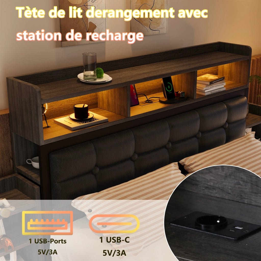 Letto matrimoniale con cassetti LED USB 140x190 cm metallo grigio