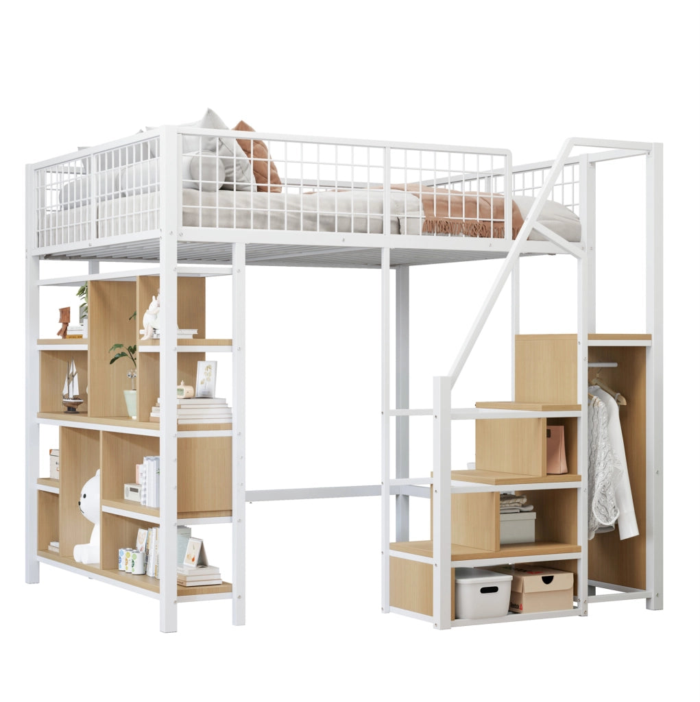 Letto a soppalco bianco 140 x 200 cm con scala contenitore