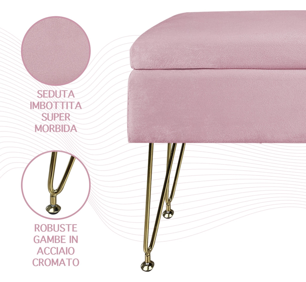 Pouf Panca Imbottita Divanetto In Velluto Contenitore PortaOggetti Panca Sgabello A Pie Di Letto Con Gambe In Metallo Dorato Cassapanca Scarpiera Ingresso Legno Massello Panchina  - Rosa