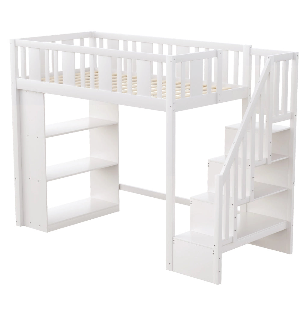 Letto a soppalco 90x200 cm con scala contenitore bianco