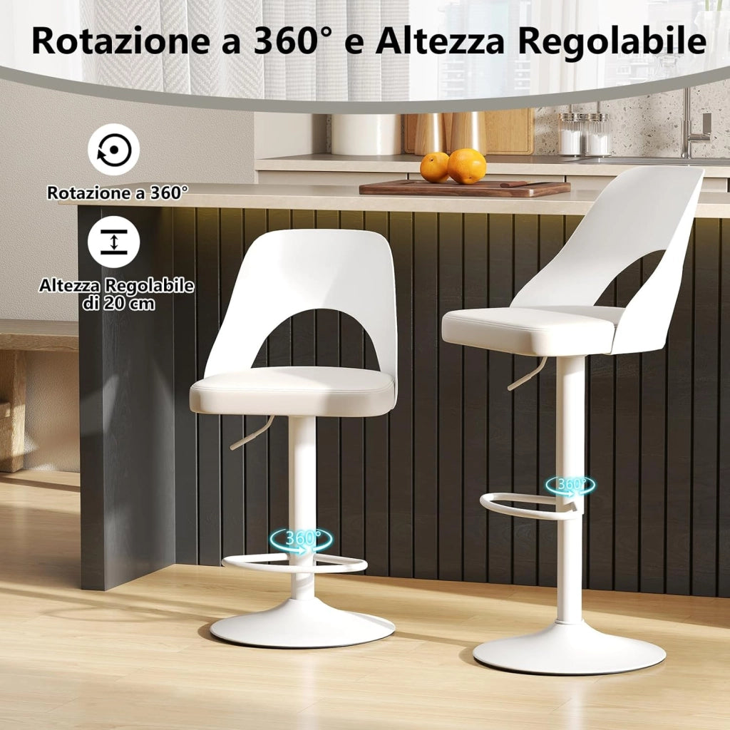 2 Sgabelli Girevoli da Bar Alta 91-111 cm, Set di Sgabelli con Seduta in Ecopelle, Poggiapiedi e Struttura in Metallo, Sedie per Cucina e Bistrò (Bianco)