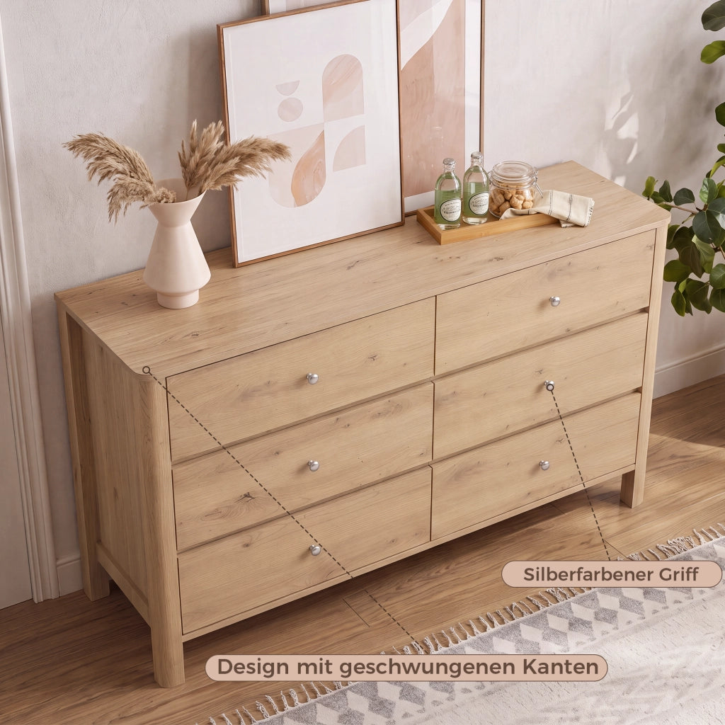 Cassettiera con 6 cassetti e guide in metallo, per soggiorno e camera da letto, in truciolare rovere, 120 × 40 × 80 cm