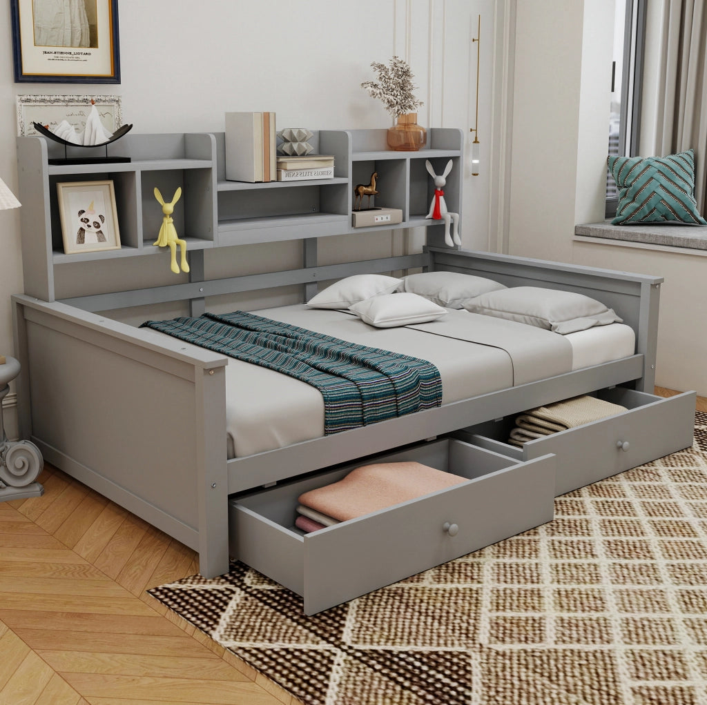 Divano letto multifunzionale 90x200 cm in legno massiccio grigio con cassetti e vani contenitore